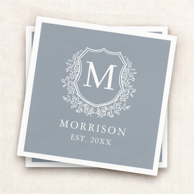 Monogram Dusty Blue Crest Botanical Wedding  Napkins (Creator Uploaded)