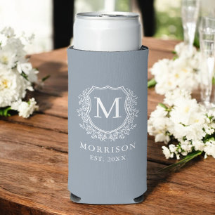 Monogram Dusty Blue Crest Botanical Wedding Seltzer Can Cooler