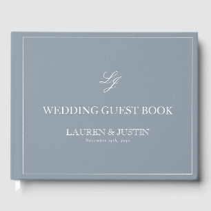 Monogram Dusty Blue Elegant Calligraphy Wedding Guest Book