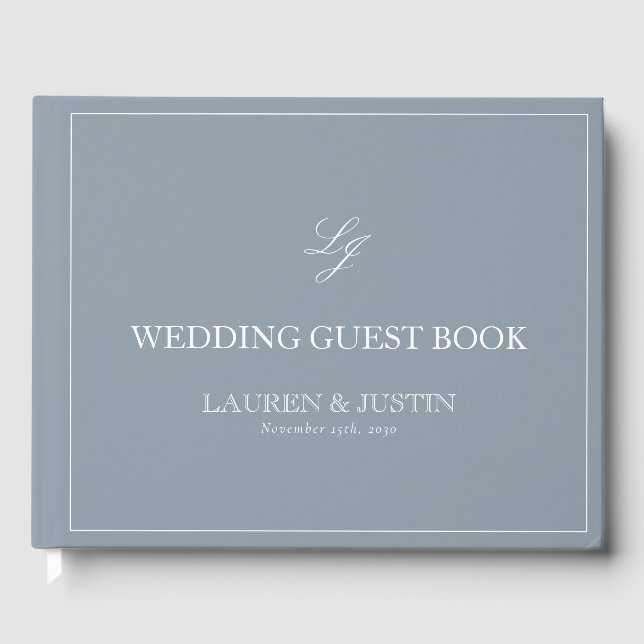 Monogram Dusty Blue Elegant Calligraphy Wedding Guest Book (Front)