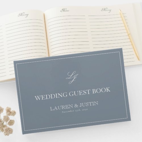 Monogram Dusty Blue Elegant Calligraphy Wedding Guest Book