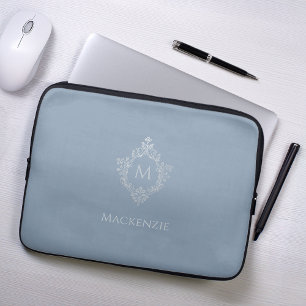 Monogram Dusty Blue Elegant Crest Faux Silver Name Laptop Sleeve
