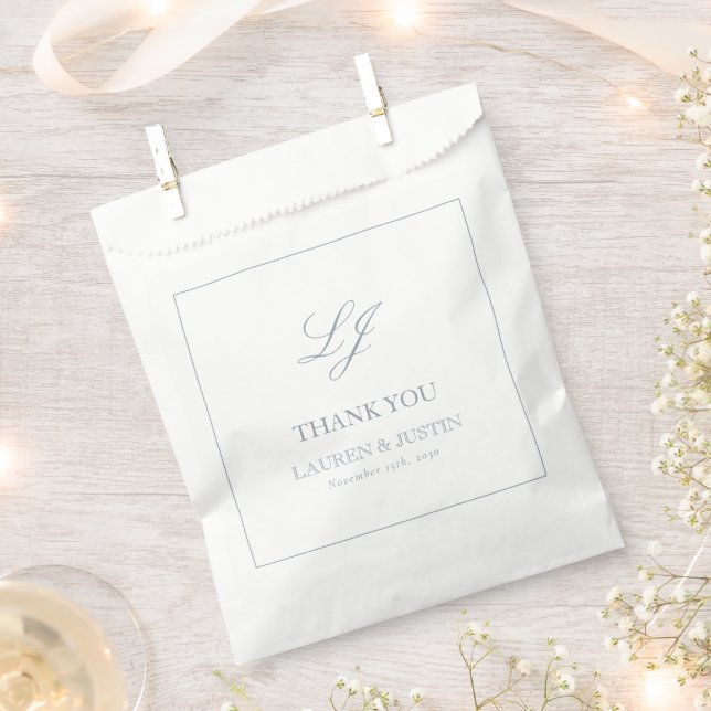 Monogram Dusty Blue Elegant Thank You Wedding Favor Bag (Clipped)
