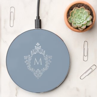 Monogram Dusty Blue Elegant Vintage Crest Initial