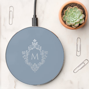 Monogram Dusty Blue Elegant Vintage Crest Initial Wireless Charger