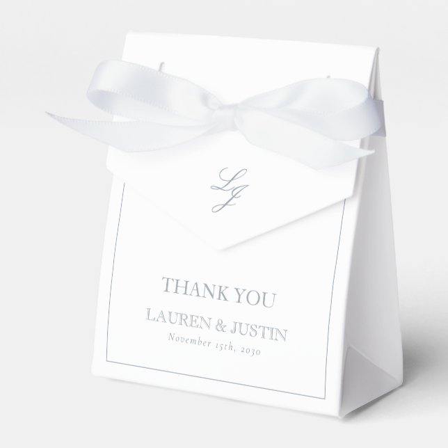 Monogram Dusty Blue Elegant Wedding Thank You Favor Boxes (Front Side)
