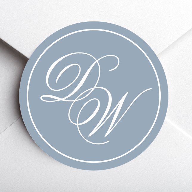 Monogram Dusty Blue Elegant White Script Initials Classic Round Sticker (Creator Uploaded)