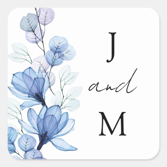 Monogram Dusty Blue Floral Wedding Favor Square Sticker (Front)