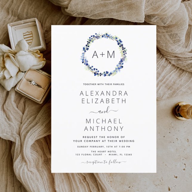 Monogram Dusty Blue Floral Wreath Wedding Invitation (Creator Uploaded)