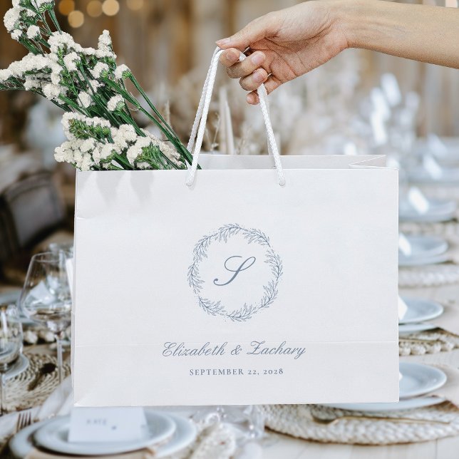 Monogram Dusty Blue Foliage Wreath Wedding Large Gift Bag (Creator Uploaded)
