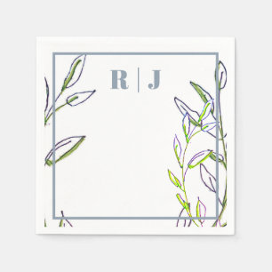 Monogram Dusty Blue Green Leaves Artsy Wedding Napkins