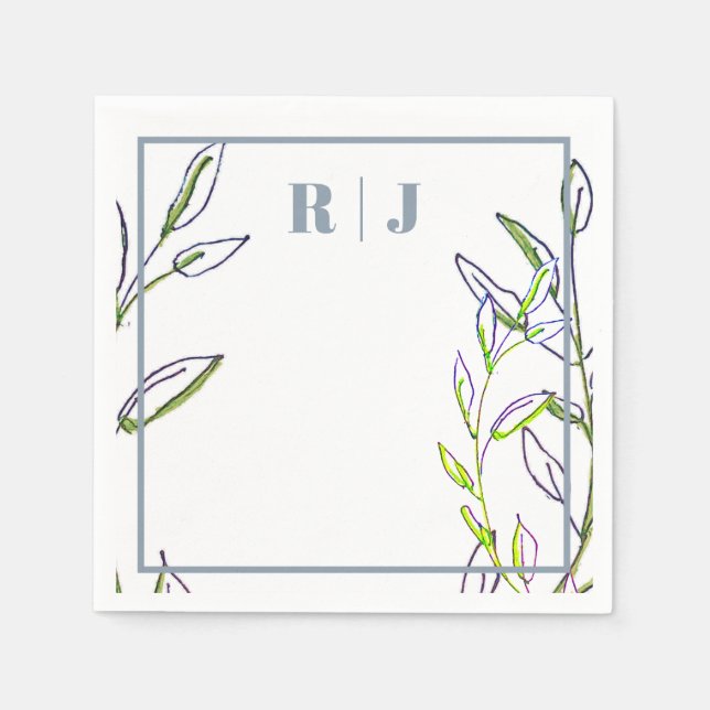 Monogram Dusty Blue Green Leaves Artsy Wedding Napkins (Front)