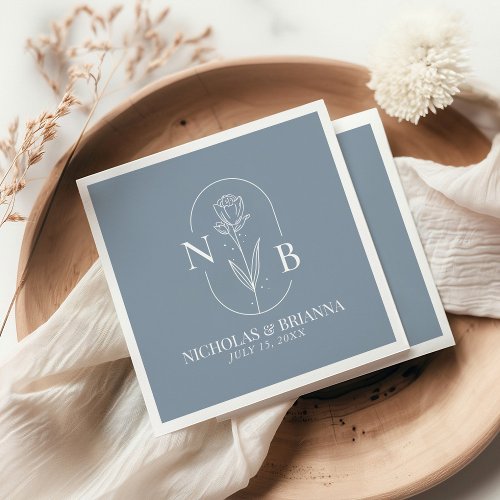 Monogram Dusty Blue Minimalist Elegant Wedding Napkins