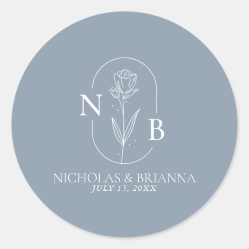 Monogram Dusty Blue Minimalist Modern Wedding Classic Round Sticker
