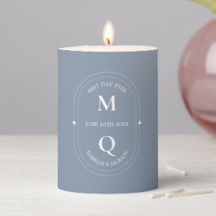 Monogram Dusty Blue Modern Wedding Pillar Candle