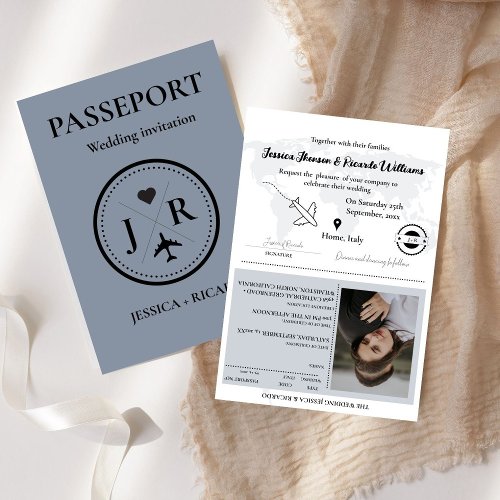 Monogram Dusty Blue passport Destination wedding  Invitation