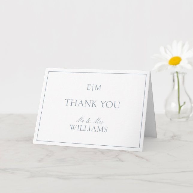Monogram Dusty Blue Script Wedding Photo Thank You Card (Small Plant)