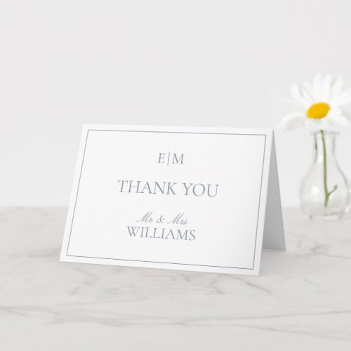 Monogram Dusty Blue Script Wedding Photo Thank You Card