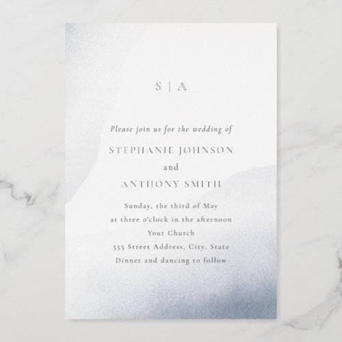 Monogram Dusty Blue Watercolor Wash Wedding   Foil Invitation
