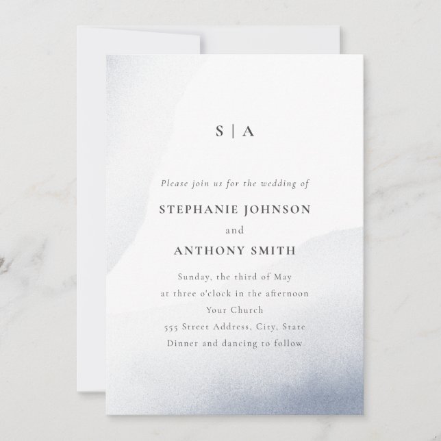 Monogram Dusty Blue Watercolor Wash Wedding  Invitation (Front)