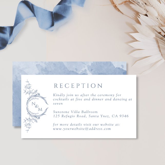 Monogram Dusty Blue Watercolor Wedding Reception Enclosure Card (Creator Uploaded)