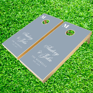 Monogram Dusty Blue White Script Wedding Cornhole Set