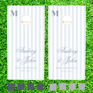 Monogram Dusty Blue White Stripes Script Wedding Cornhole Set