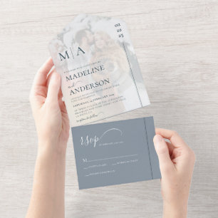 Monogram Dusty Blue With Overlay Photo Wedding All In One Invitation