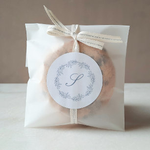 Monogram Dusty Blue Wreath Classic Script Wedding Round Sticker