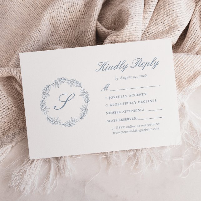 Monogram Dusty Blue Wreath Wedding RSVP Card (Creator Uploaded)