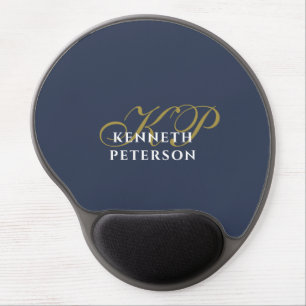 Monogram Dusty Navy Blue Gold White Minimalist Men Gel Mouse Pad