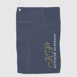 Monogram Dusty Navy Blue Gold White Name Chic Men  Golf Towel