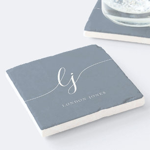 Monogram Dusty Navy Blue White Simple Elegant Stone Coaster