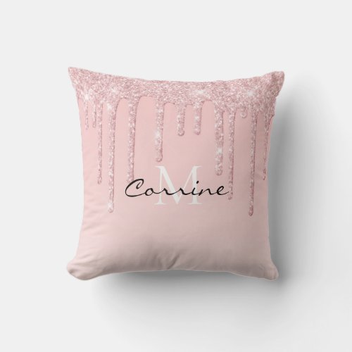 Monogram Dusty Pink Dripping Glitter Metallic Blus Throw Pillow