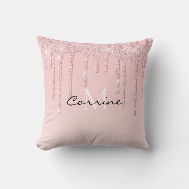 Monogram Dusty Pink Dripping Glitter Metallic Blus Throw Pillow (Front)