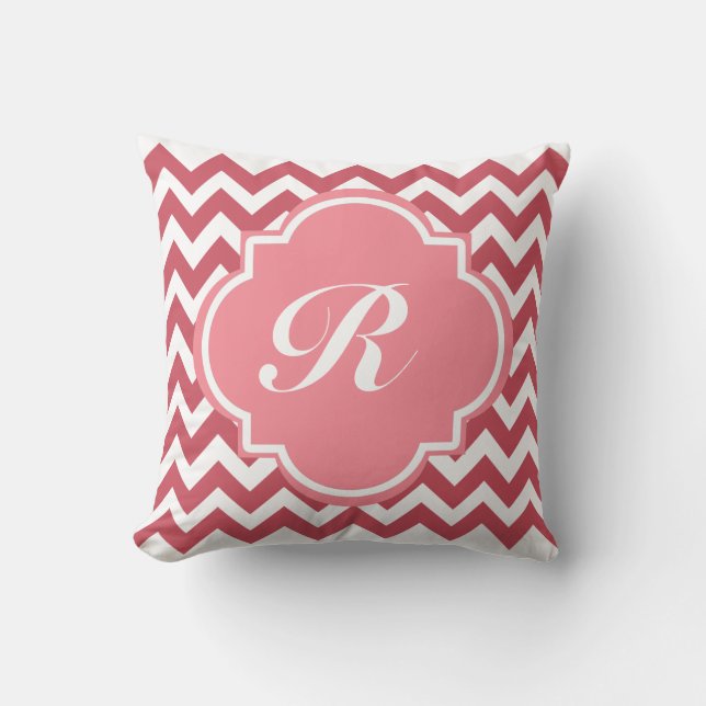Monogram Dusty Rose and Deep Red Chevron Throw Pillow (Front)