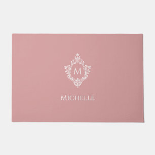 Monogram Dusty Rose Elegant  Vintage Crest Pink Doormat