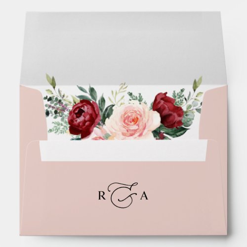 Monogram Dusty Rose Floral w Return Address 5x7 Envelope
