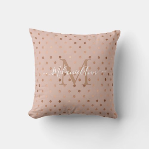 Monogram Dusty Rose Gold Foil Dots Throw Pillow