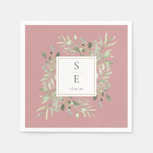 Monogram Dusty Rose Greenery Foliage Napkins