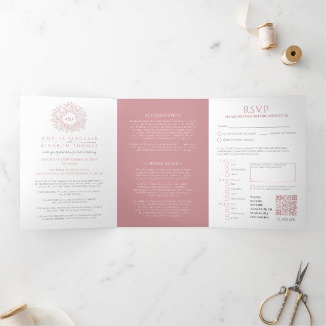 Monogram dusty rose leaves wedding all-in-one Tri-Fold invitation (Inside)