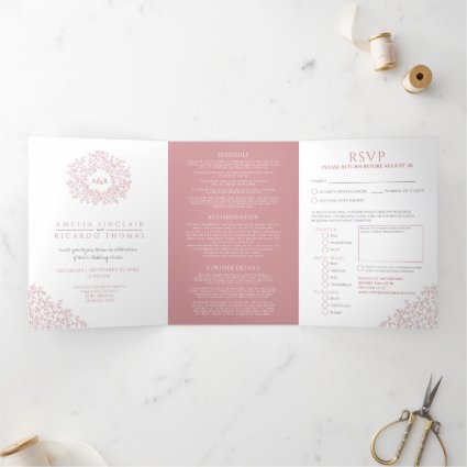 Monogram dusty rose leaves wedding all-in-one  Tri-Fold invitation