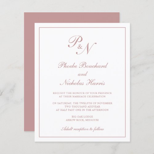 Monogram Dusty Rose Pink Budget Wedding Invitation