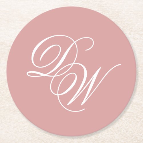 Monogram Dusty Rose Wedding Simple Pink 2 Initials Round Paper Coaster