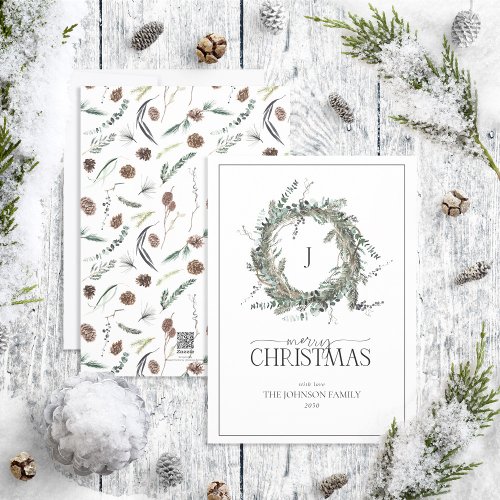 Monogram Dusty Winter Wreath Merry Christmas Holid Holiday Card