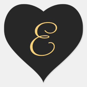 Monogram E,  gold colored initial E on black,  Heart Sticker
