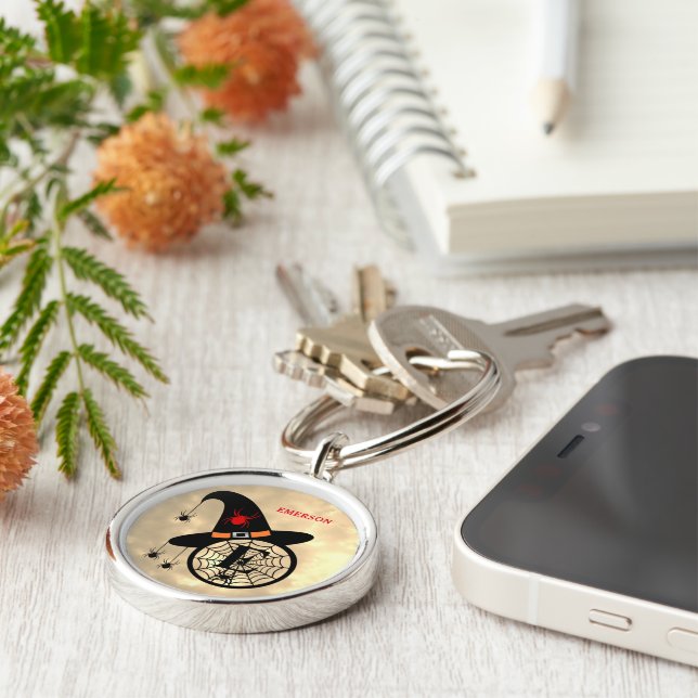 Monogram E Halloween Sky Witch Spiders Name Keychain (Side)