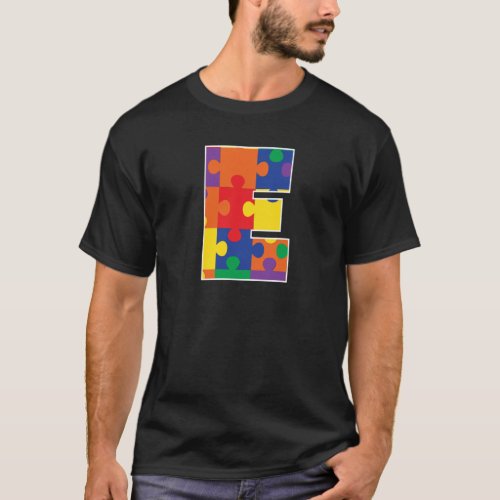 Monogram E in Multi Color Puzzle Pieces T_Shirt