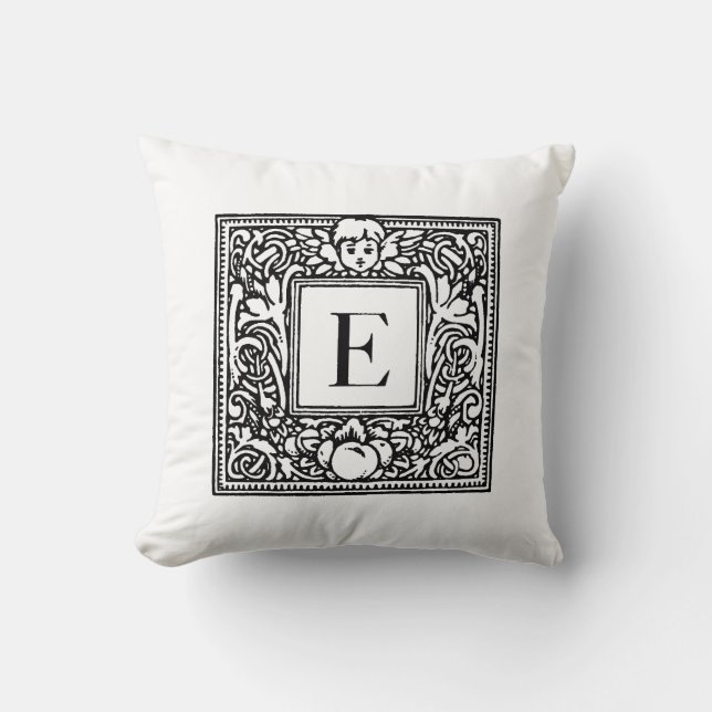 Monogram E Initial Black and White Floral Pattern Throw Pillow (Front)