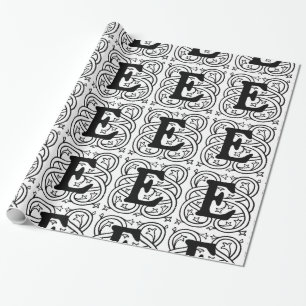 Monogram E Initial Black and White Scroll Pattern Wrapping Paper